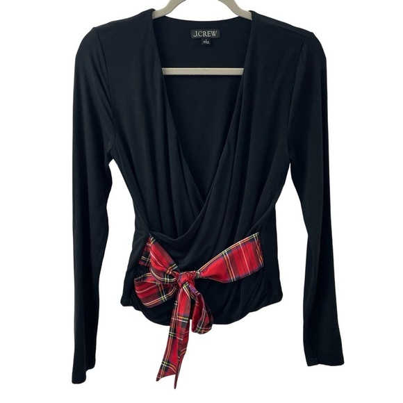 NWT j crew form knit black Wrap Top with festive Red Plaid tartan Accent size M - Picture 3 of 4